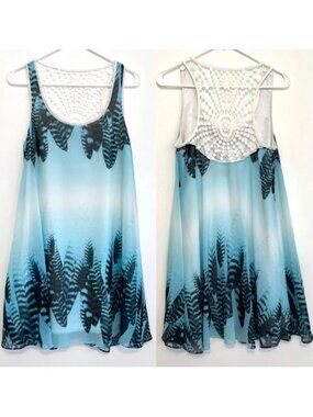 BEBE Blue Black White Feather Print Crochet Trim Sleeveless Mini Shift Dress XS